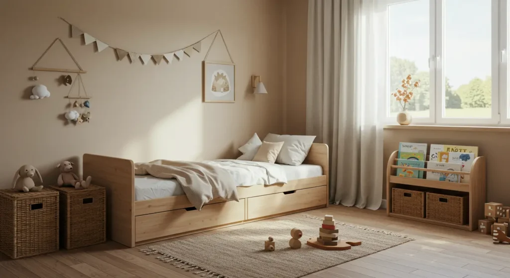 Minimalist childrens’ room with a wooden bed, toy baskets, and neutral decor.