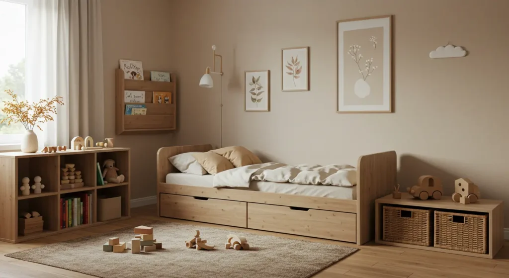 Minimalist children's room with wooden bed, organizing baskets, and neutral decor.