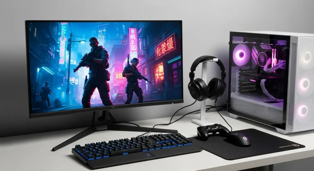 Minimalist gamer setup with clean desk, organized equipment, and soft lighting.