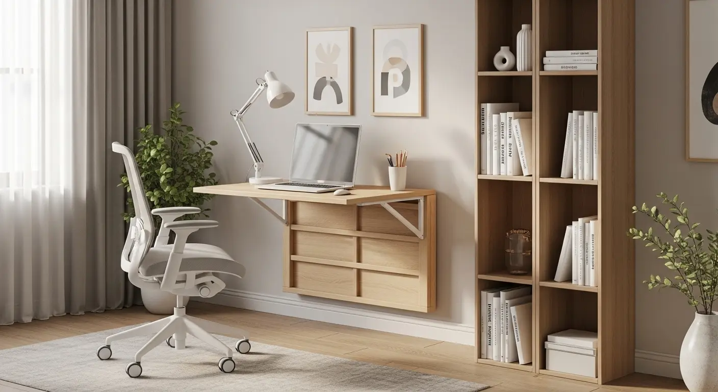 Multifunctional and compact furniture for minimalist home office in small space.