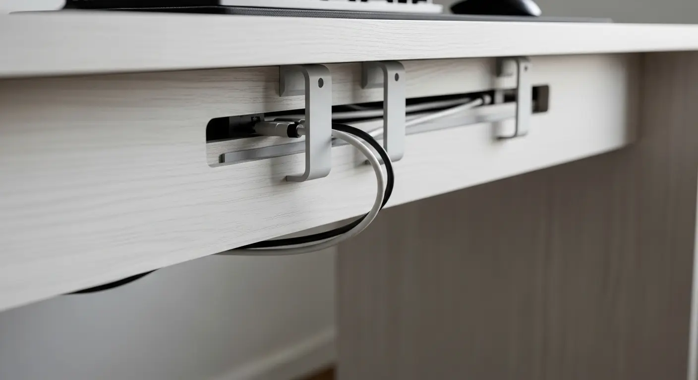 Organização de cabos com canaletas embutidas em setup gamer minimalista.
