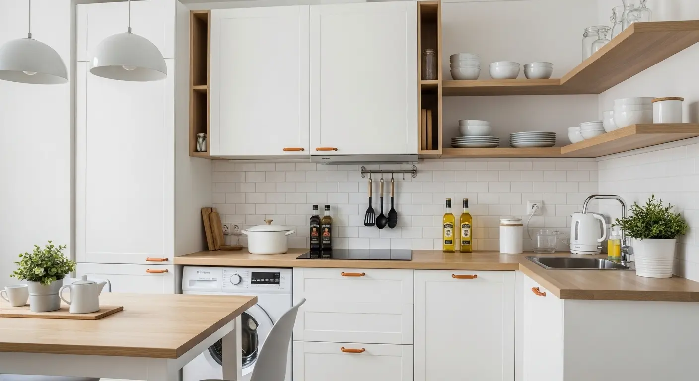 Vertical organization in a small and minimalist kitchen