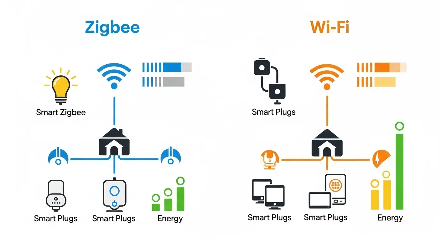 Illustration comparing consumption and network between Zigbee and Wi-Fi in smart home.