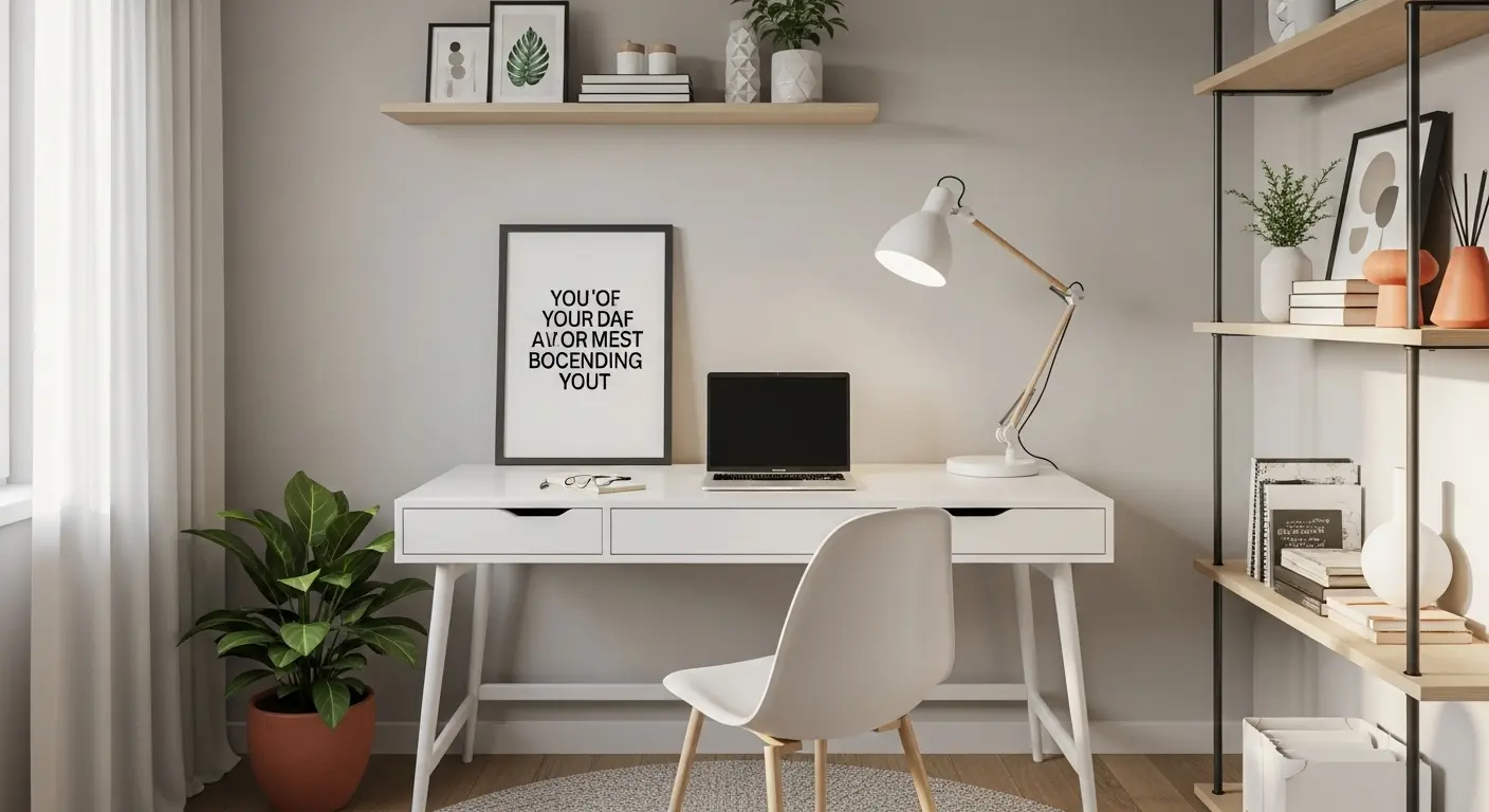 Personal touches and strategic pops of color in a small minimalist home office.