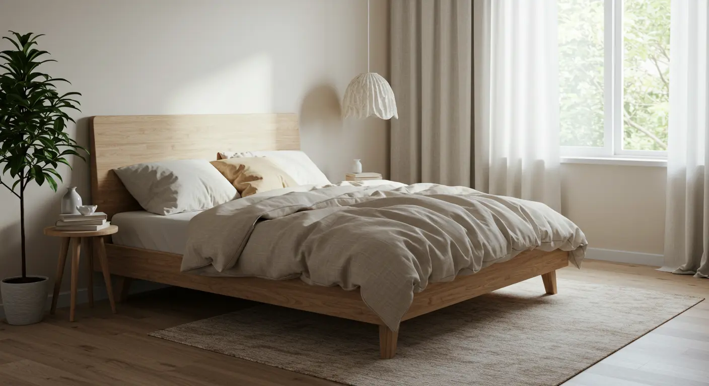 Bedroom with natural light, neutral bedding, and hygge elements