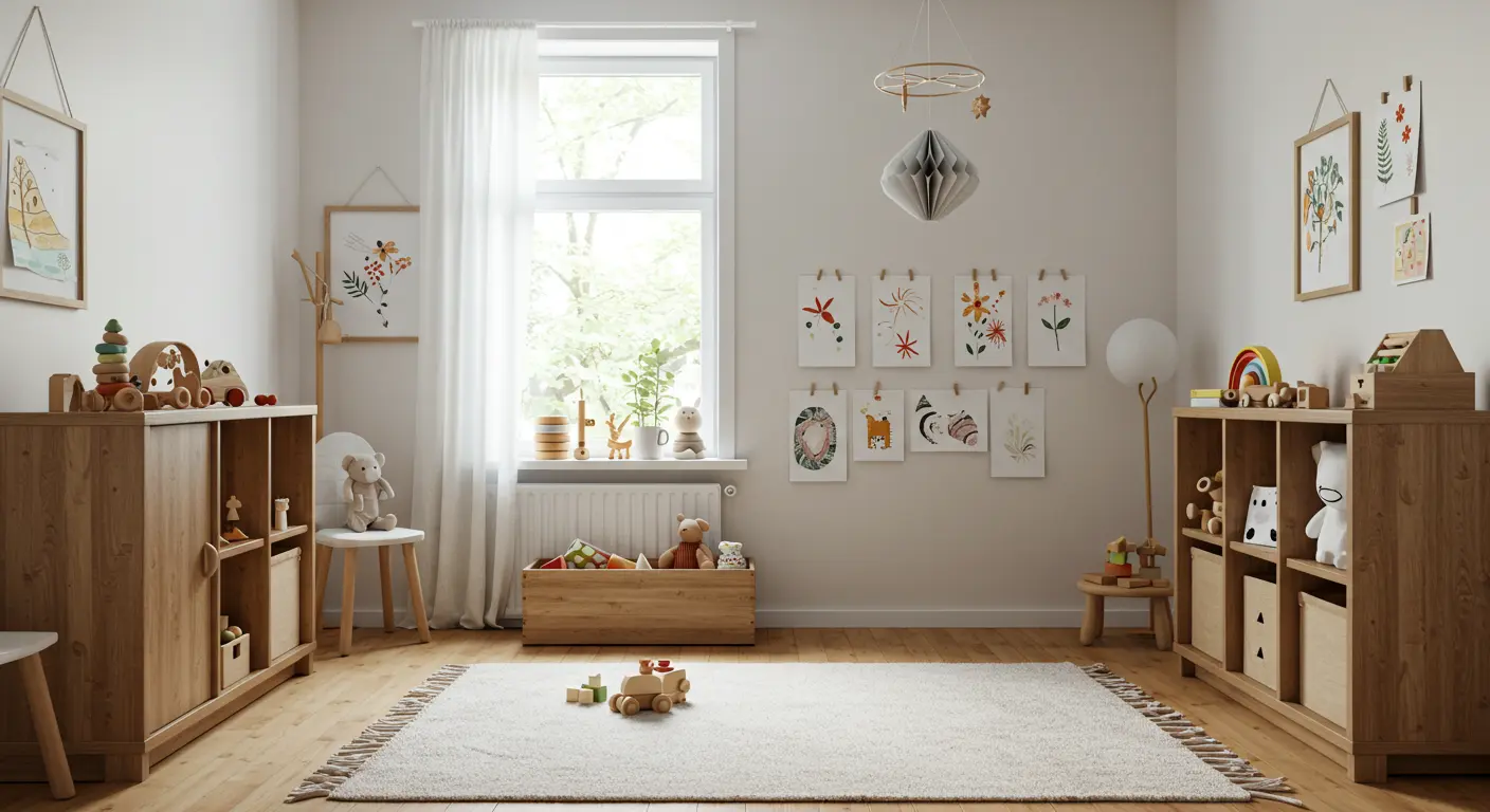Quarto infantil sustentável com móveis reciclados e brinquedos de madeira.