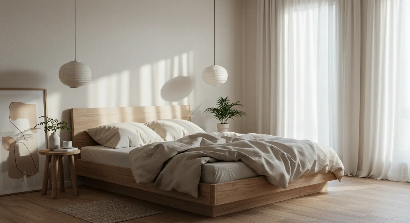 Quarto minimalista estilo Japandi com tons neutros e luz suave