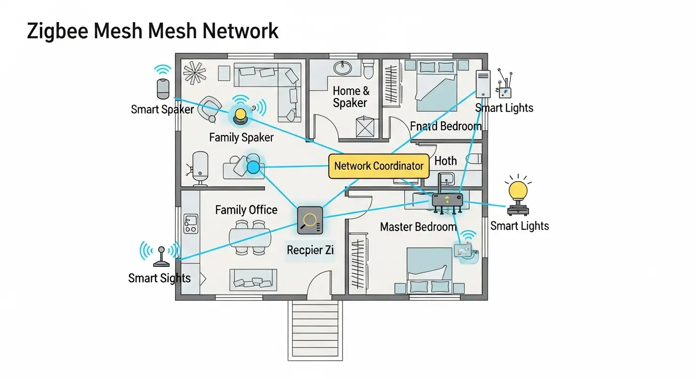 Zigbee network connecting devices throughout the smart home.