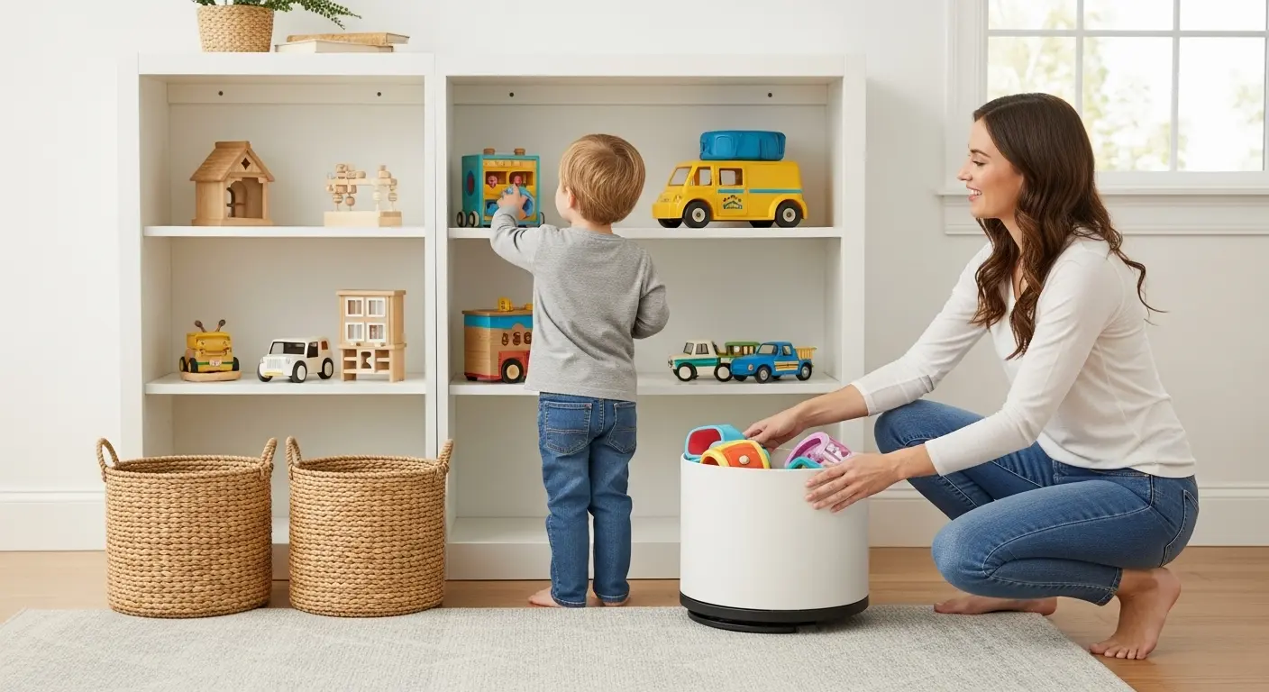 Toy rotation in an organized and minimalist children's room.