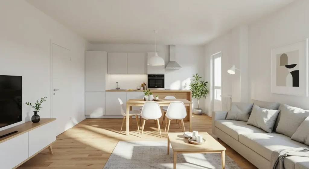 Small apartment with minimalist decor and integrated functionality