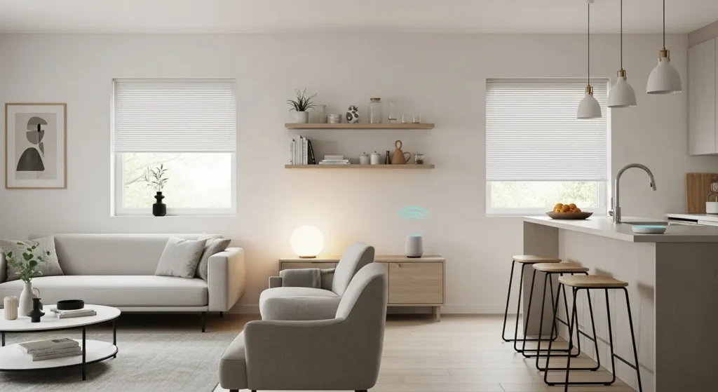 Minimalist integrated living room with discreet smart devices and soft lighting