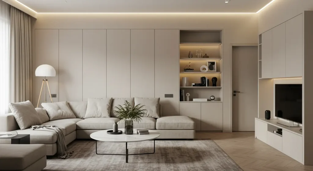 Ambiente minimalista com tecnologia Zigbee integrada de forma discreta.