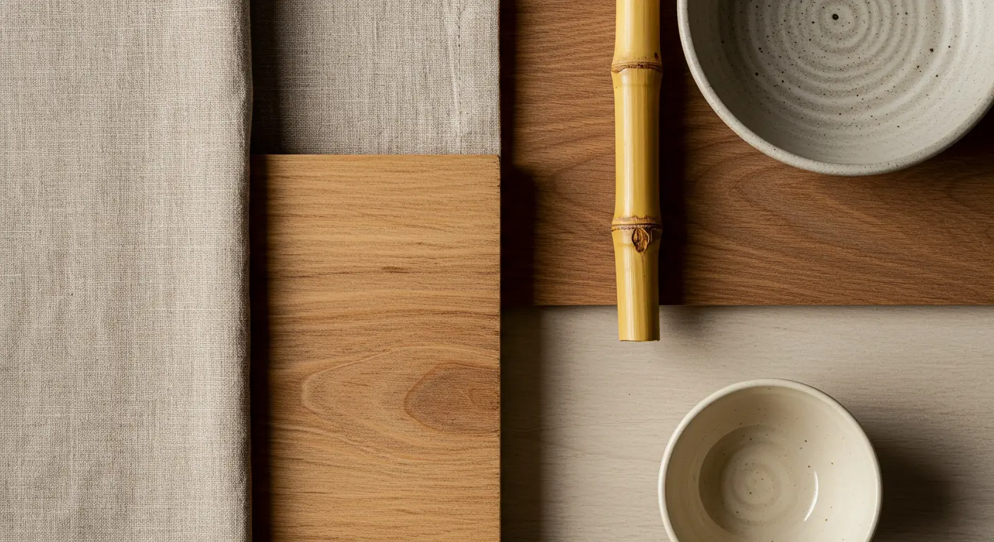 Detalhes de texturas naturais e objetos artesanais em decoração Japandi