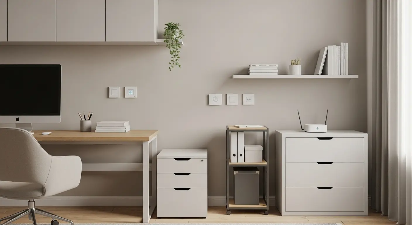 Minimalist Home Office with Zigbee devices discreetly and functionally integrated.