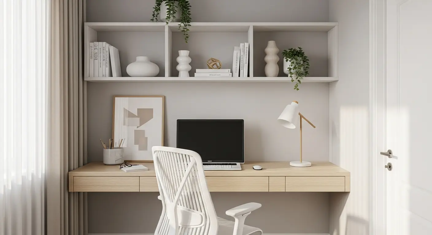 Minimalist home office with a built-in desk, ergonomic chair, and neutral decor
