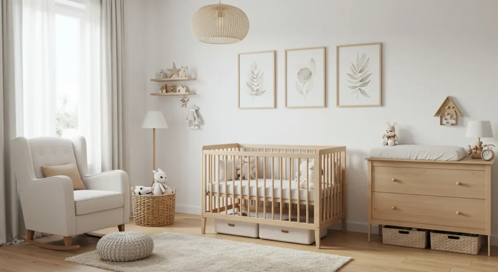 Minimalist baby room with light furniture, baskets, and cozy decor.
