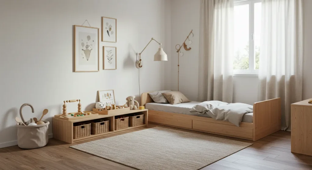 Minimalist Montessori bedroom with a low bed, accessible shelf, and organized space.