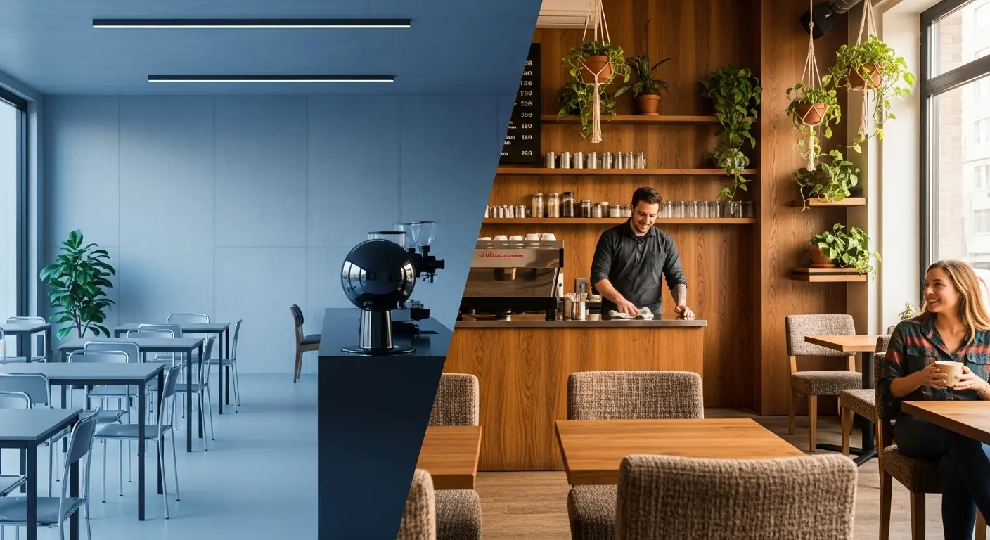 Erros de design em cafeteria minimalista com soluções visuais