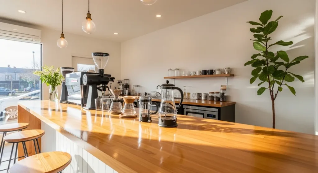 Minimalist coffee shop with optimized space and clean decor