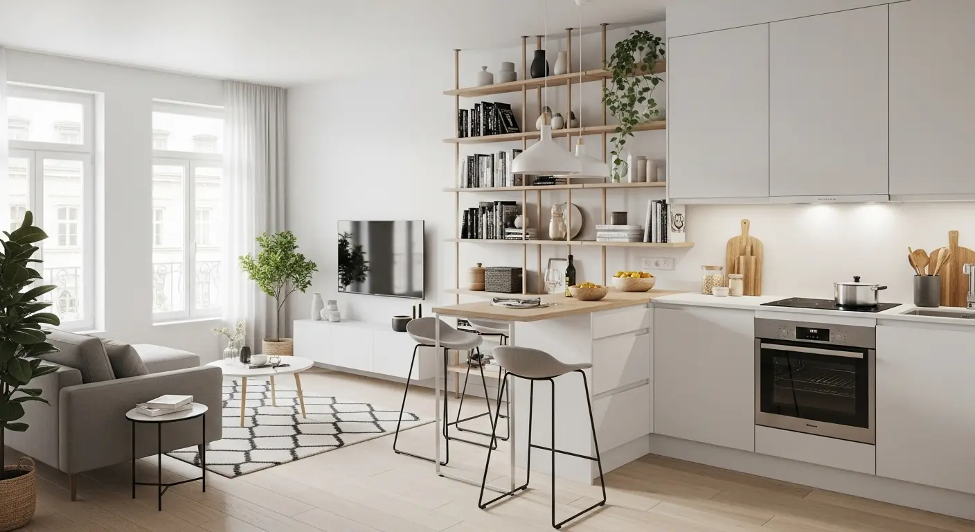 Apartamento compacto com soluções de armazenamento inteligente.