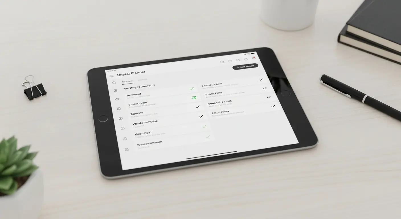 Checklist de minimalismo digital exibido em tablet organizado.