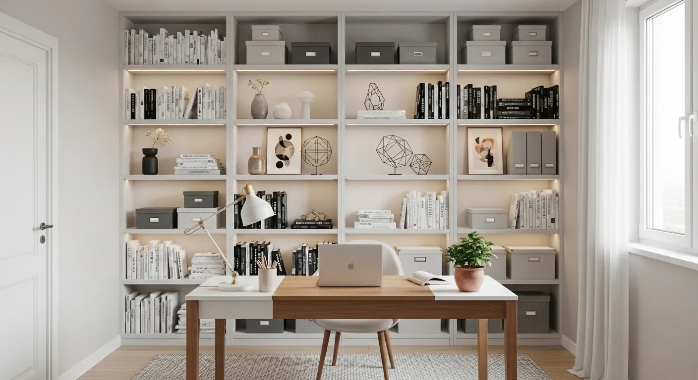 Estante vertical até o teto em home office minimalista.
