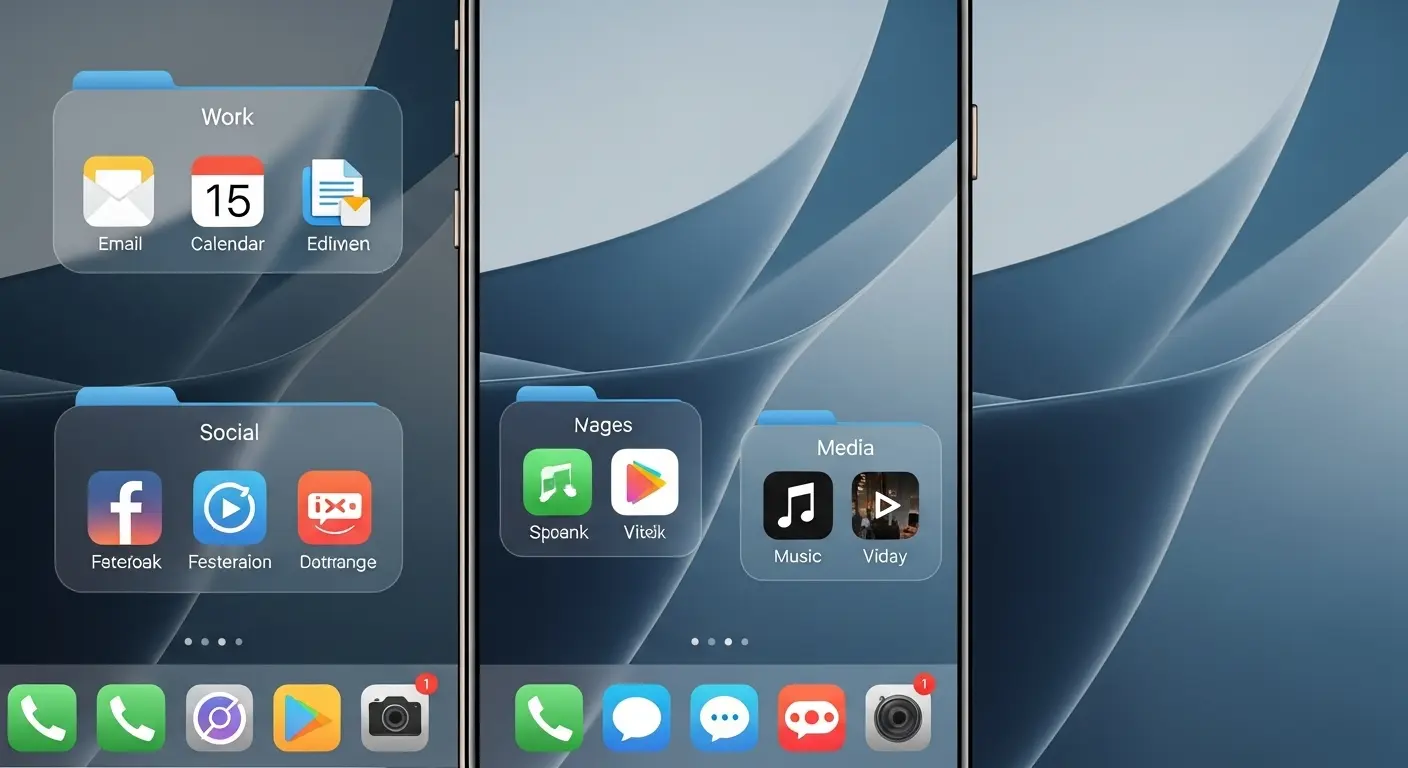 Smartphone organizado com aplicativos essenciais e interface limpa.