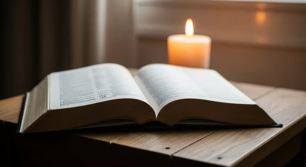 Cantinho de oração minimalista com Bíblia, vela e luz natural.