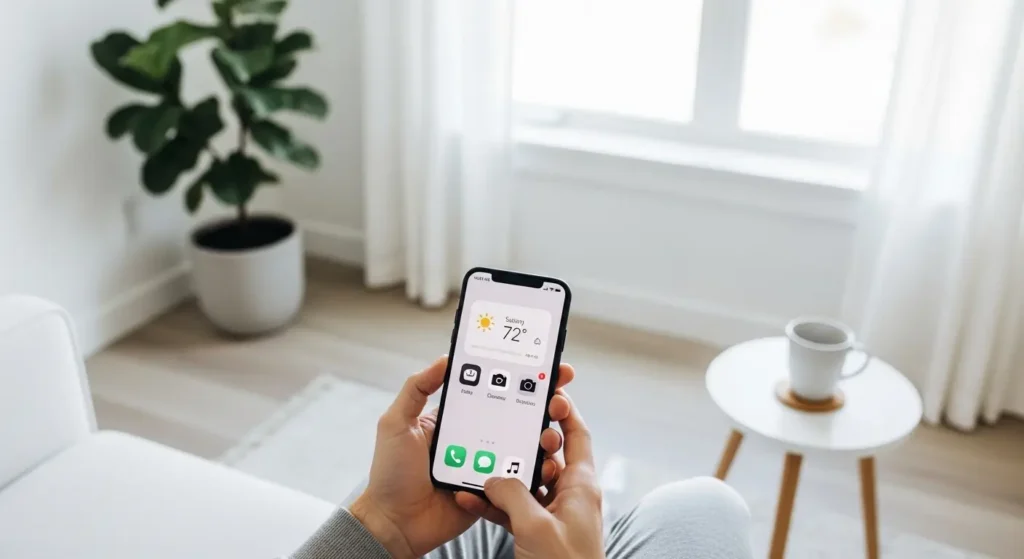 Minimalismo digital representado por celular organizado em ambiente limpo sem ícones de redes sociais
