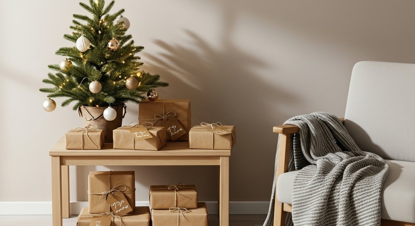 Detalhe de canto decorado com elementos feitos &agrave; m&atilde;o, incluindo presentes embrulhados em papel pardo, guirlanda natural e enfeites artesanais em um ambiente minimalista e acolhedor.