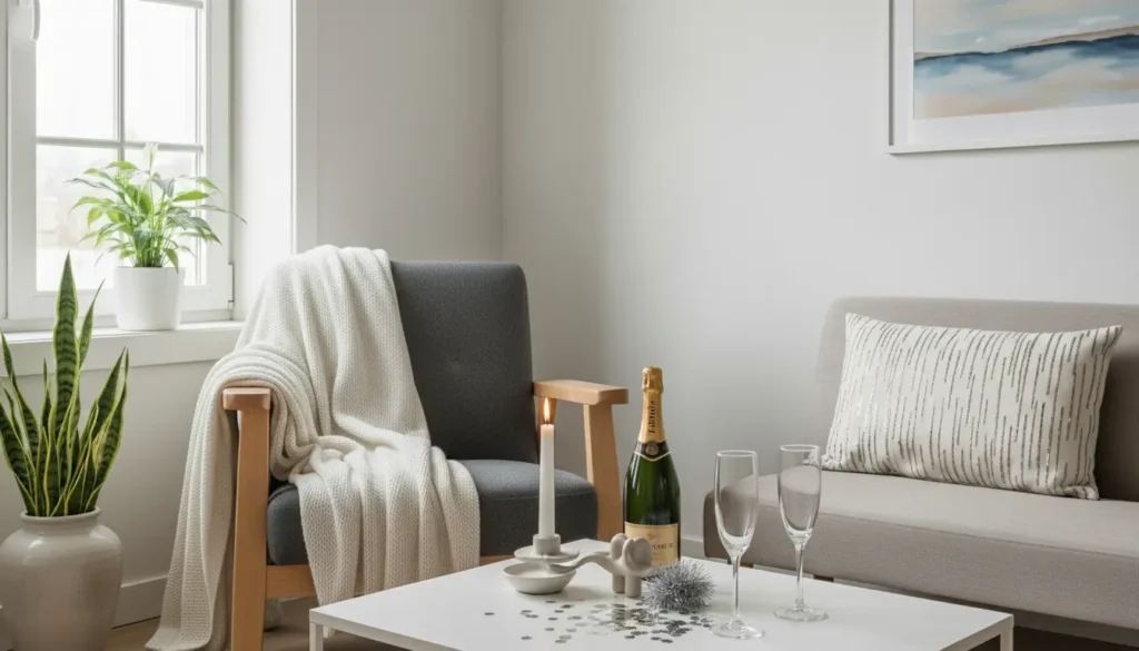 Ambiente decorado para um Ano Novo minimalista mais leve.