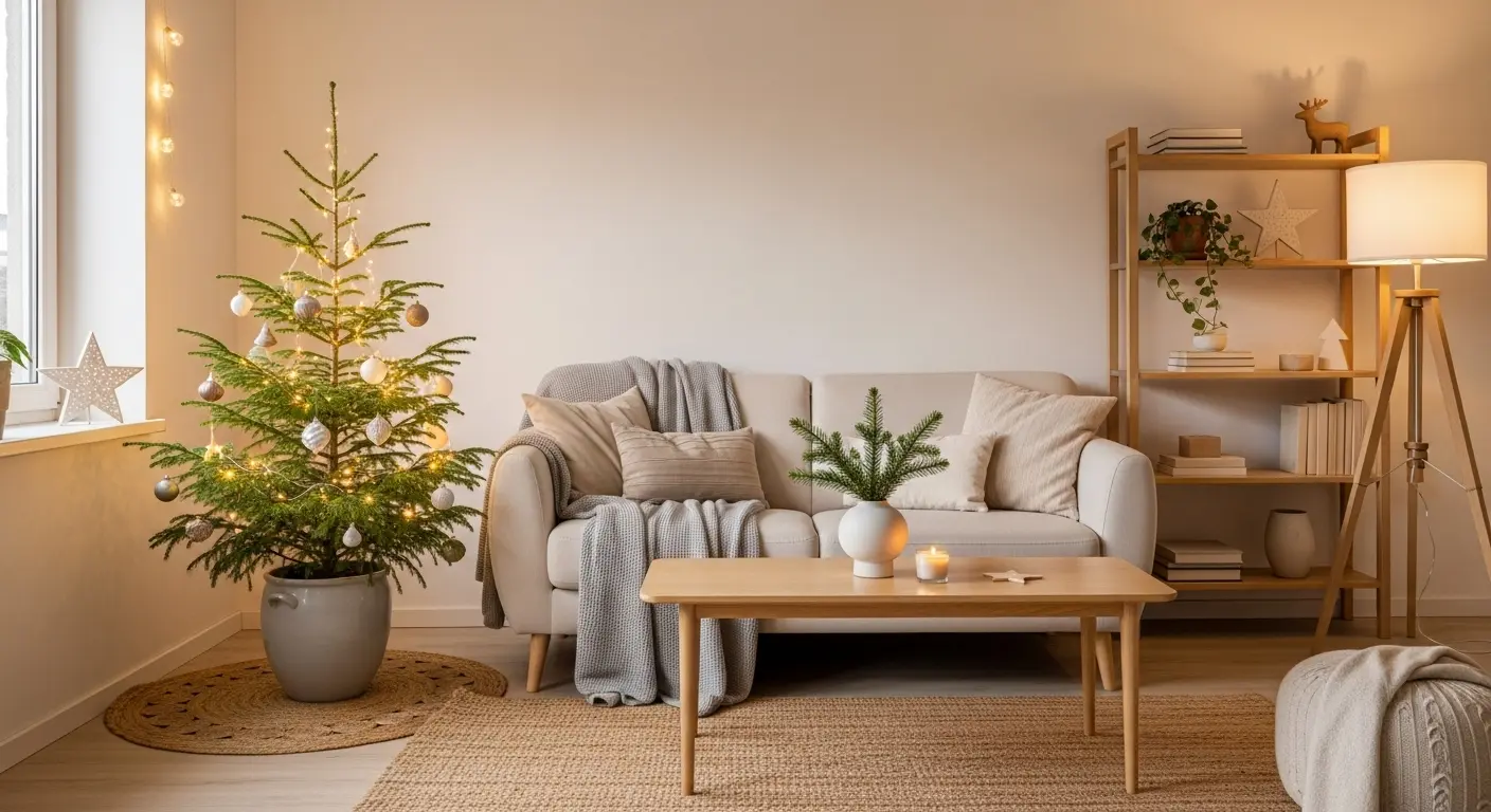 Sala pequena com decora&ccedil;&atilde;o natalina minimalista e luz natural