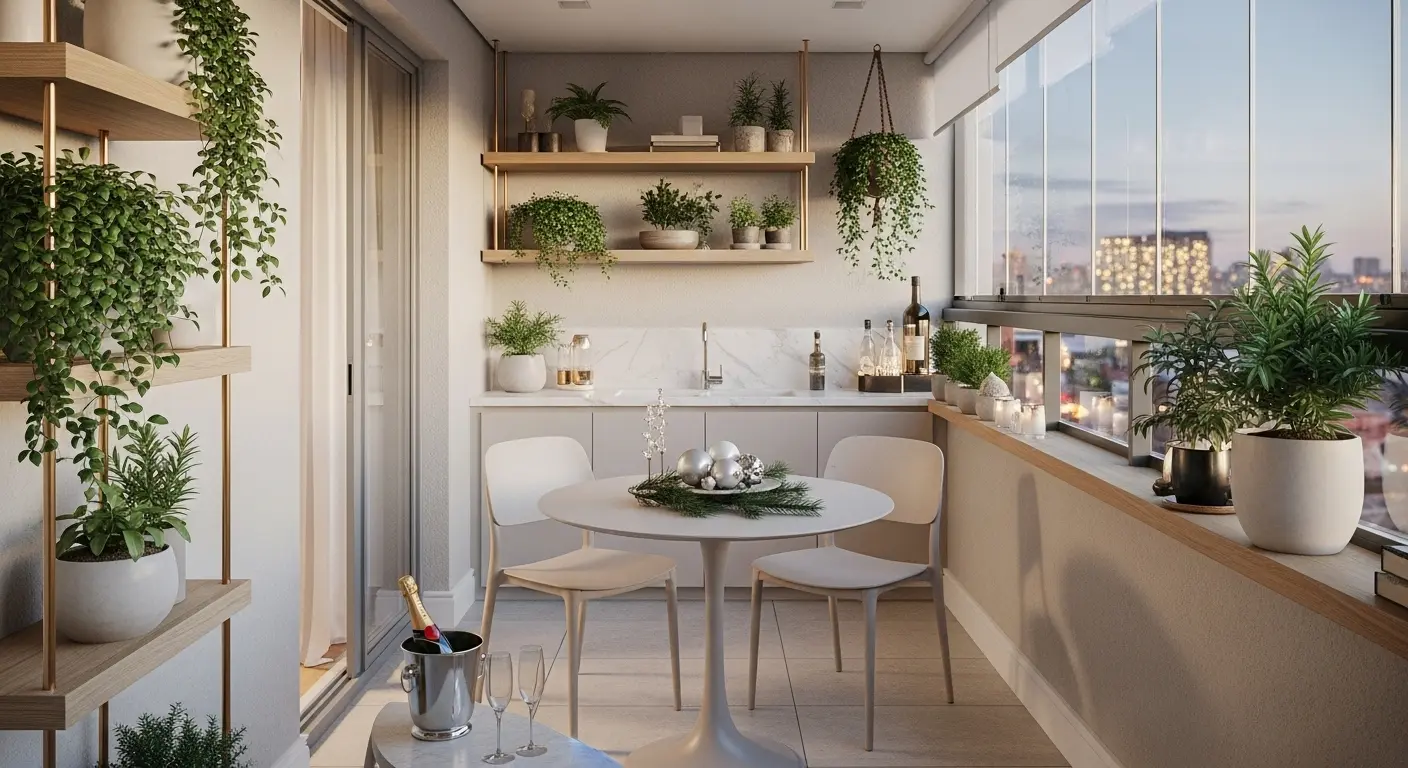 Varanda gourmet com decora&ccedil;&atilde;o minimalista e arranjo natural para o Ano Novo 2026.