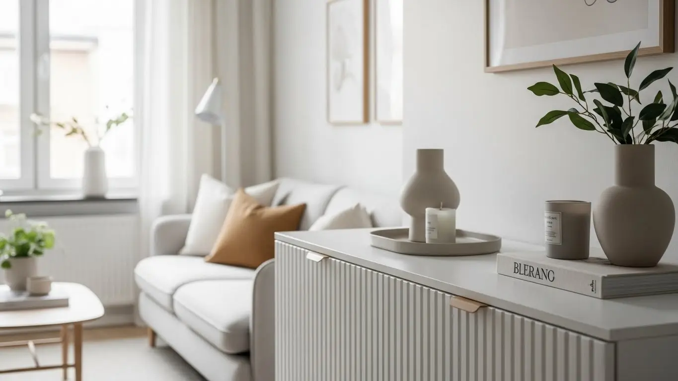 Ambiente minimalista com superf&iacute;cie limpa e poucos itens essenciais ap&oacute;s desapego