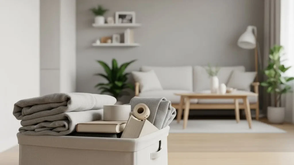 desapego em casa com caixa de doação e ambiente minimalista