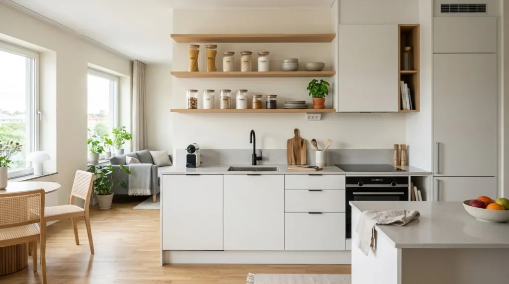 Cozinha pequena minimalista com soluções de armazenamento inteligente.