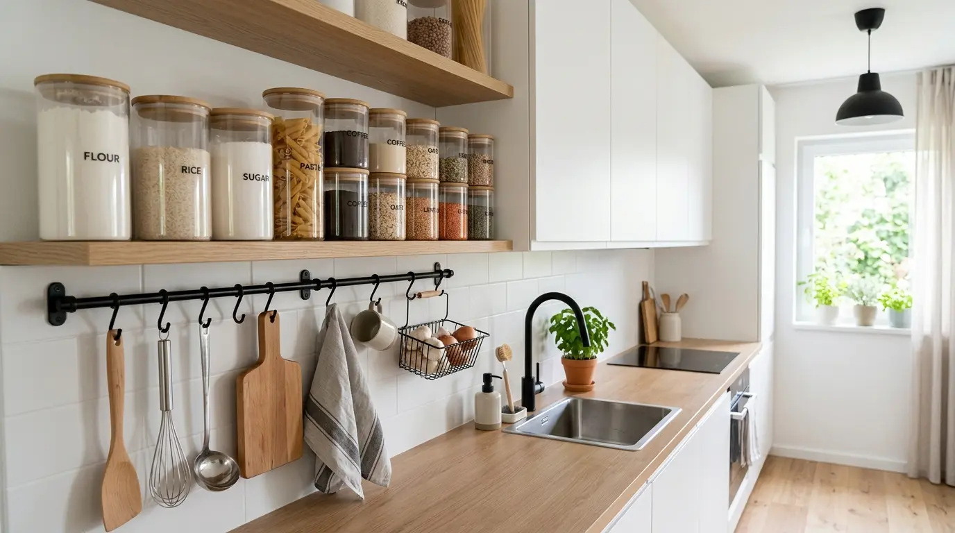 Cozinha pequena organizada com armazenamento vertical e bancada livre de objetos.