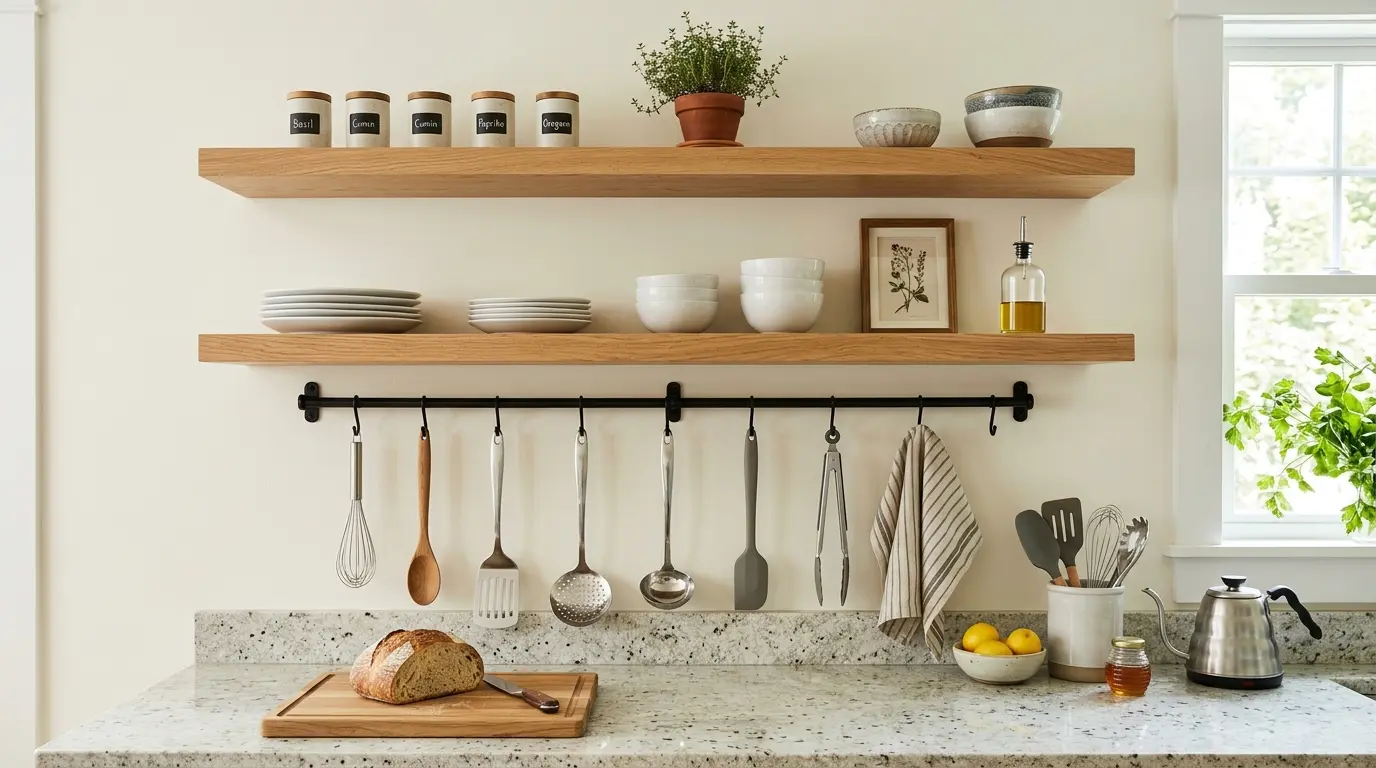 Organiza&ccedil;&atilde;o vertical em cozinha pequena com prateleiras e trilhos met&aacute;licos.