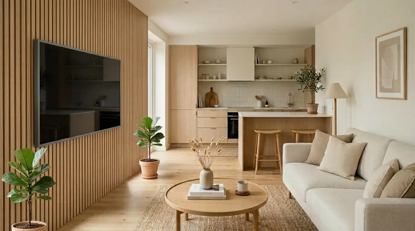 apartamento pequeno com paleta minimalista clara e sensação de amplitude