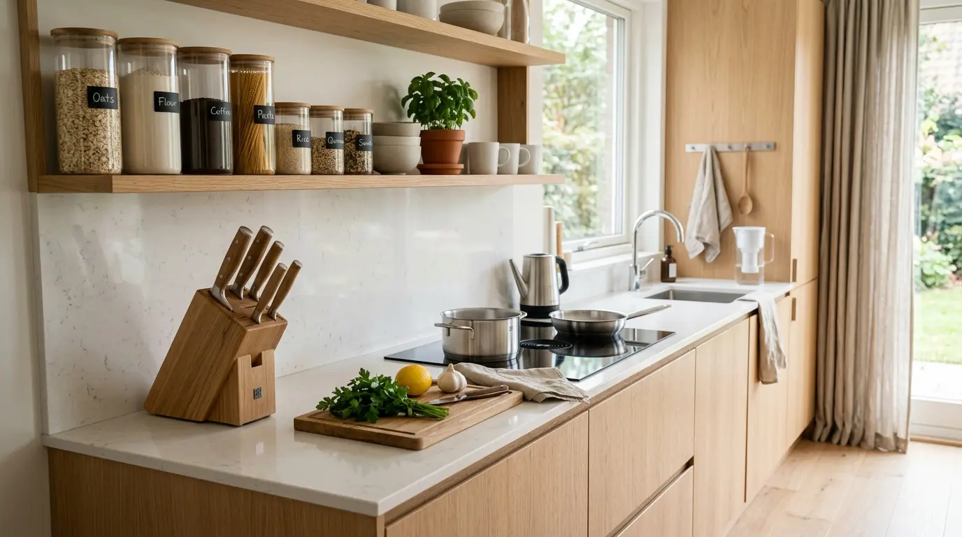 Cozinha minimalista com utensílios duráveis e organização funcional