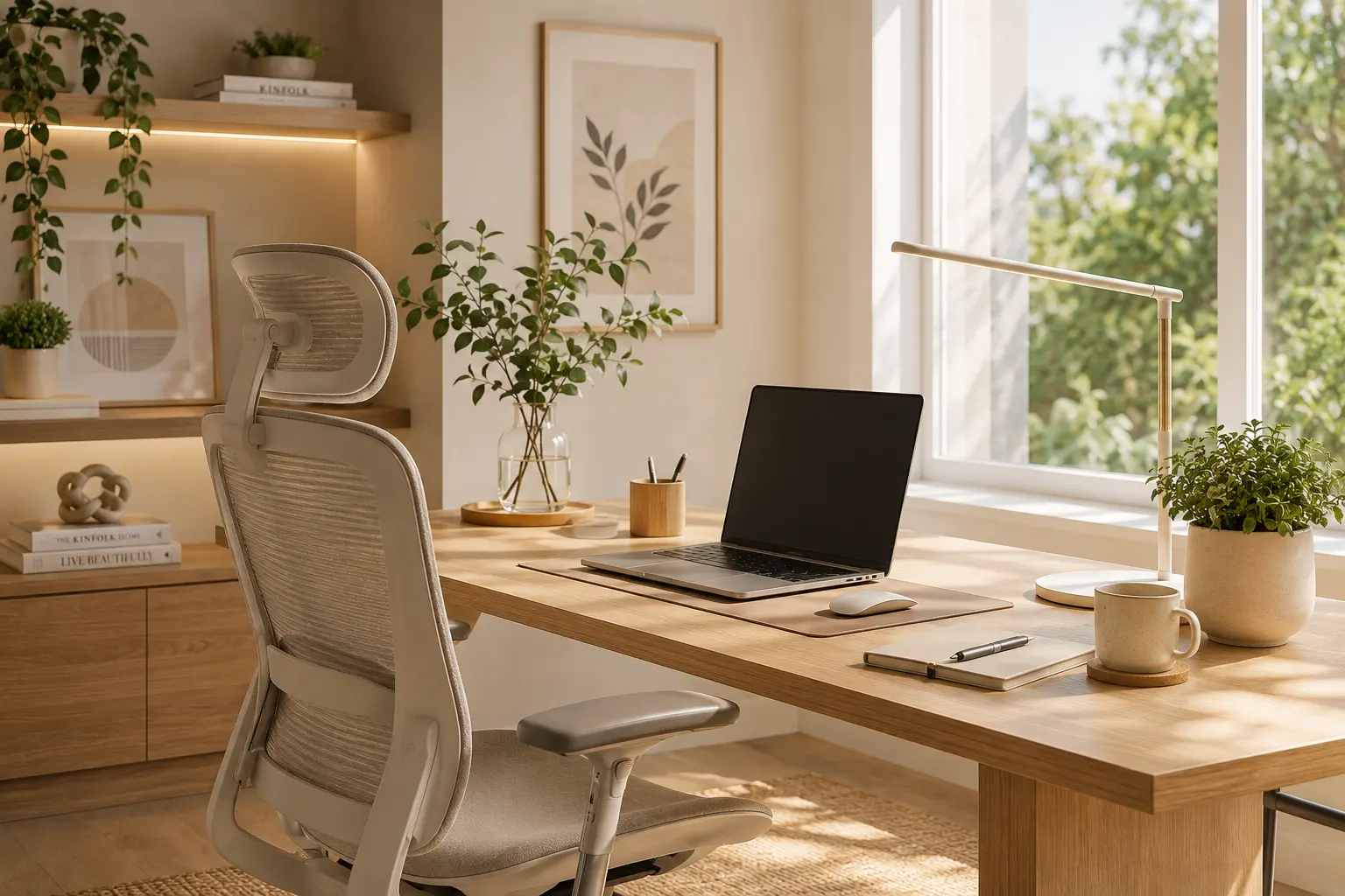 Home office minimalista com móveis duráveis e funcionais