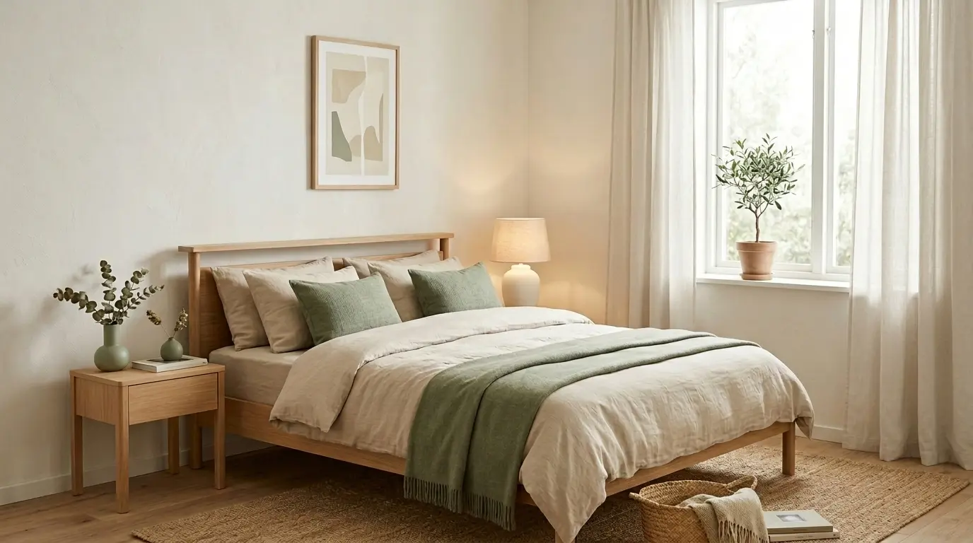 Quarto pequeno com paleta em branco quente, areia e verde sálvia.