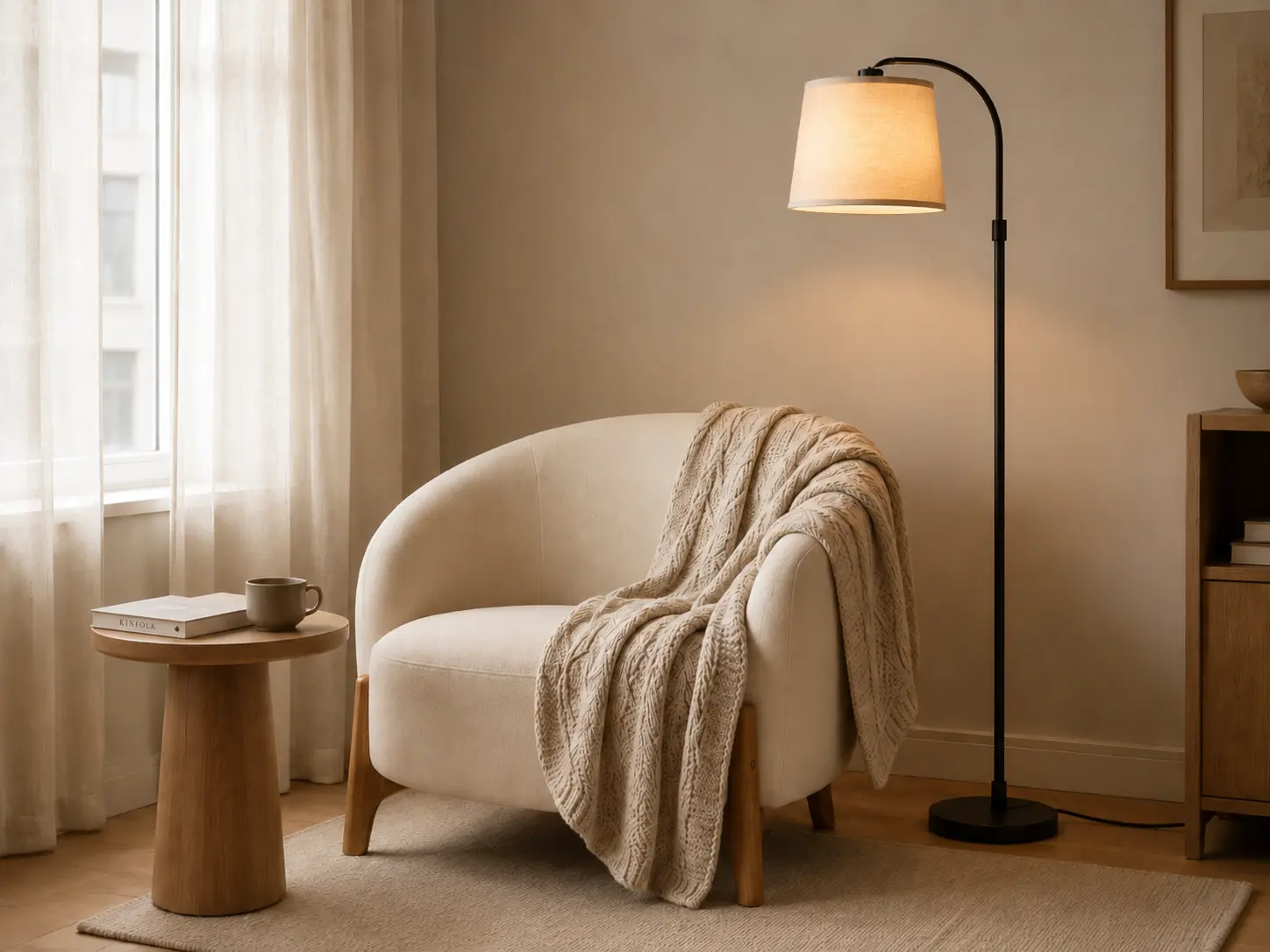 Cantinho de leitura aconchegante em apartamento pequeno com cadeira compacta e luminária.