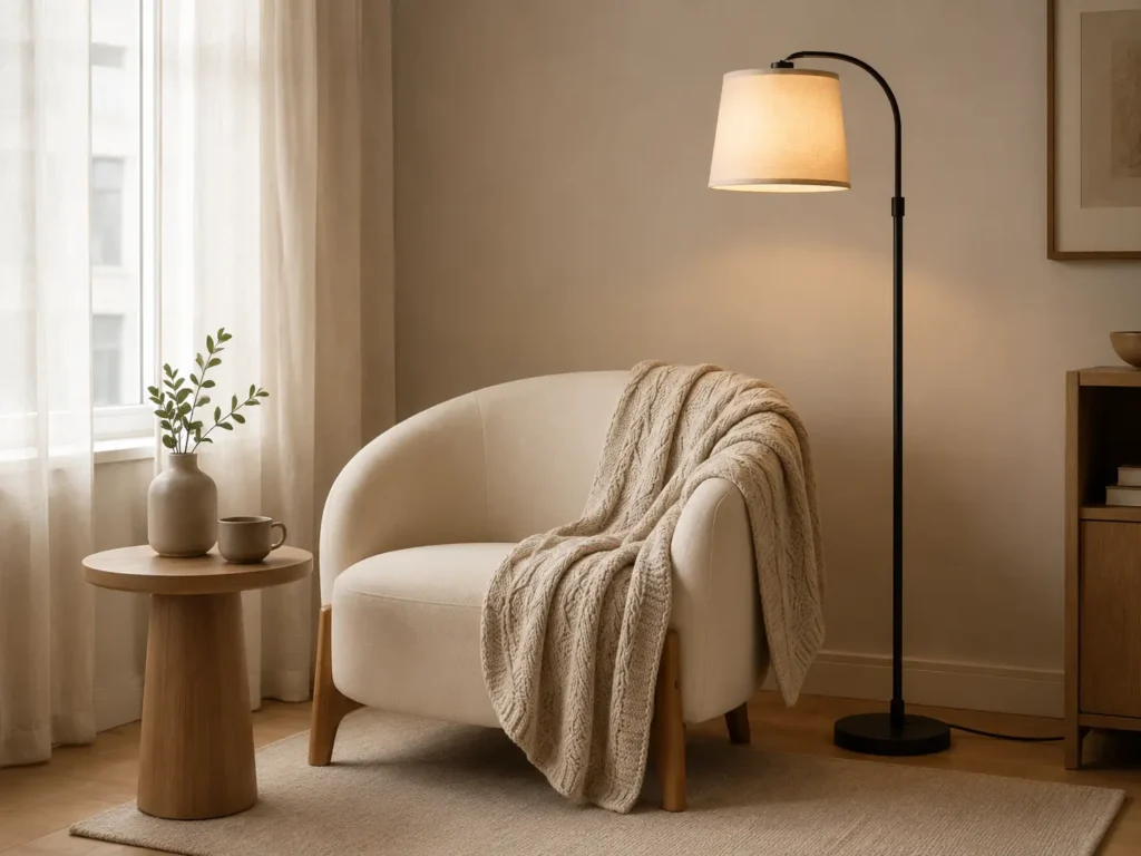 Cantinho de leitura em apartamento pequeno com cadeira compacta e luminária.